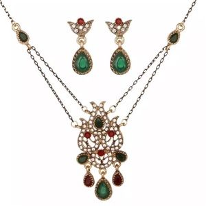 Vintage bohemian necklace earrings set  gold plate